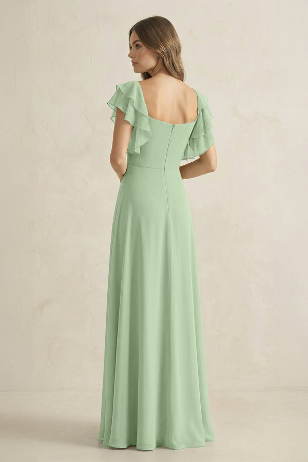Ruffled Sleeves A-Line Chiffon Bridesmaid Dress in Sage - SHE IS ME BRIDESMAID DRESSES