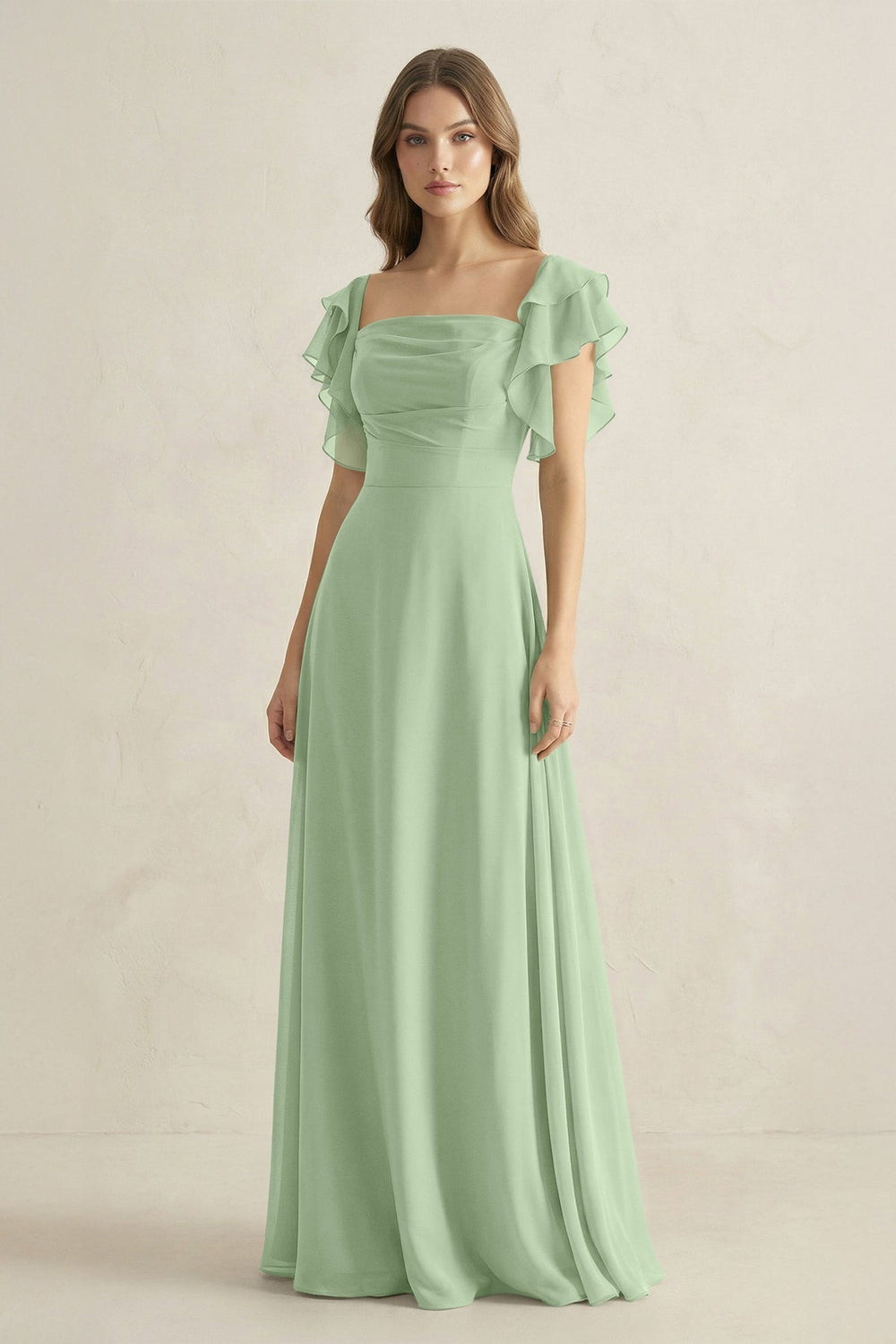 Ruffled Sleeves A-Line Chiffon Bridesmaid Dress in Sage - KISS BRIDAL BRIDESMAID DRESSES
