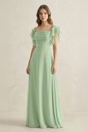 Ruffled Sleeves A-Line Chiffon Bridesmaid Dress in Sage - SHE IS ME BRIDESMAID DRESSES