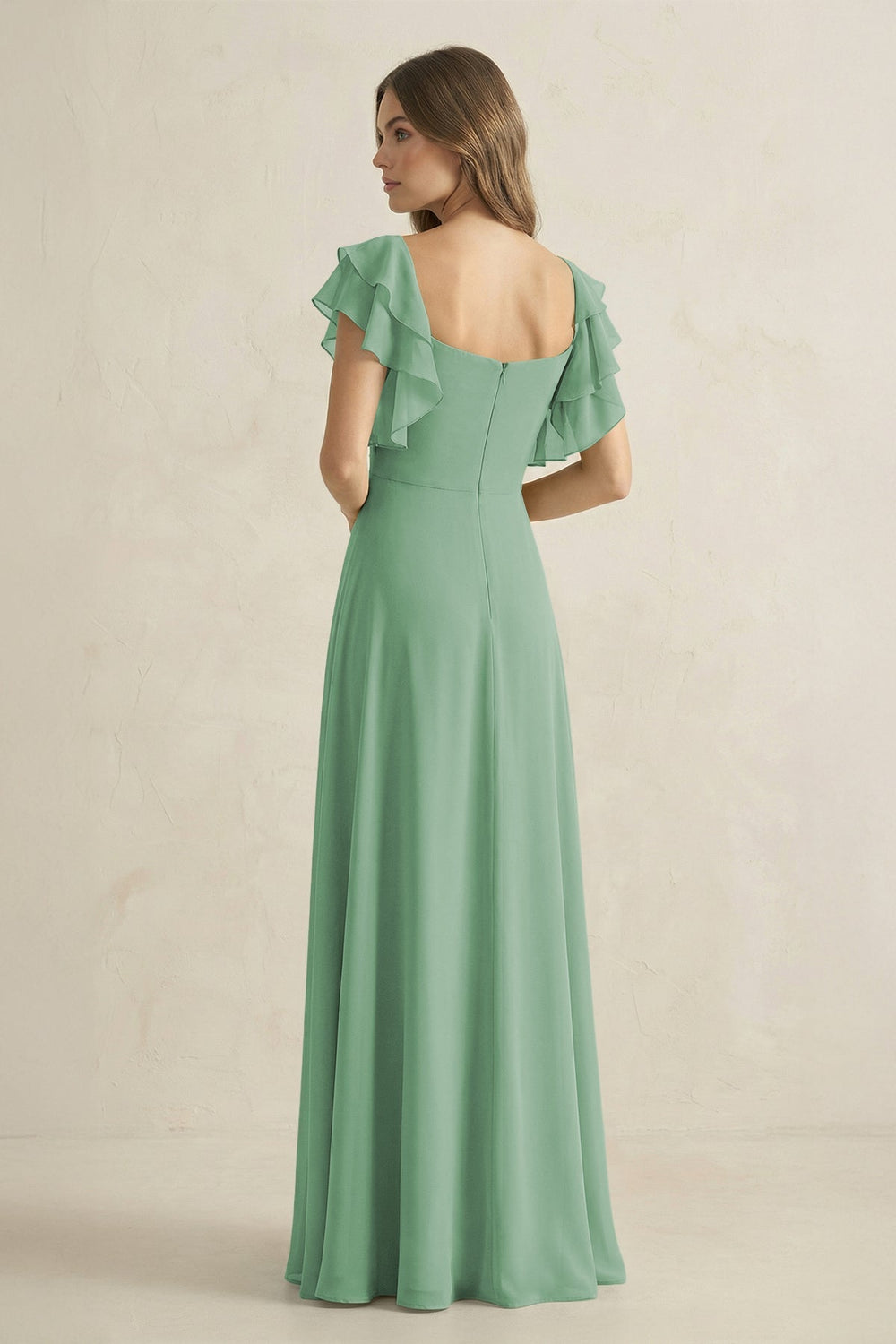 Ruffled Sleeves A-Line Chiffon Bridesmaid Dress in Sea Glass - KISS BRIDAL BRIDESMAID DRESSES