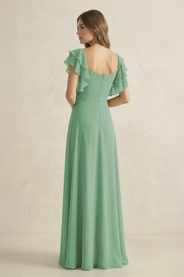 Ruffled Sleeves A-Line Chiffon Bridesmaid Dress in Sea Glass - SHE IS ME BRIDESMAID DRESSES