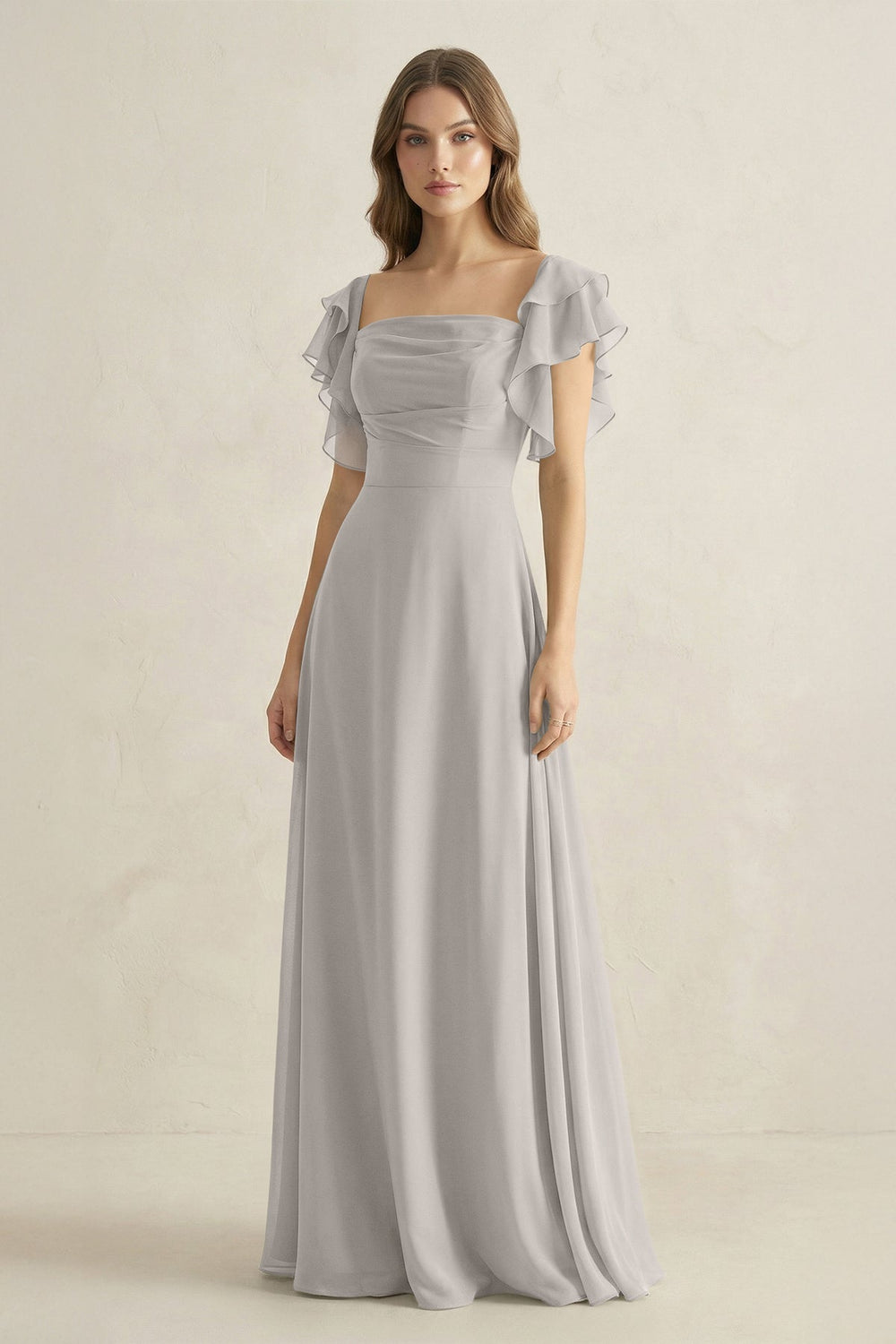 Ruffled Sleeves A-Line Chiffon Bridesmaid Dress in Silver - KISS BRIDAL BRIDESMAID DRESSES