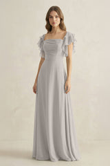 Ruffled Sleeves A-Line Chiffon Bridesmaid Dress in Silver - KISS BRIDAL BRIDESMAID DRESSES