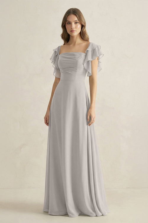 Ruffled Sleeves A-Line Chiffon Bridesmaid Dress in Silver - SHE IS ME BRIDESMAID DRESSES