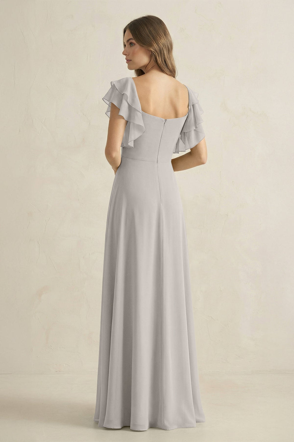 Ruffled Sleeves A-Line Chiffon Bridesmaid Dress in Silver - KISS BRIDAL BRIDESMAID DRESSES