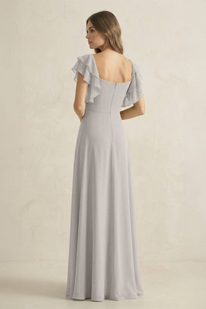 Ruffled Sleeves A-Line Chiffon Bridesmaid Dress in Silver - SHE IS ME BRIDESMAID DRESSES