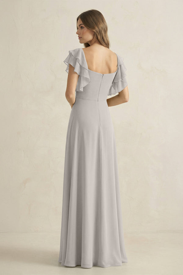 Ruffled Sleeves A-Line Chiffon Bridesmaid Dress in Silver - SHE IS ME BRIDESMAID DRESSES