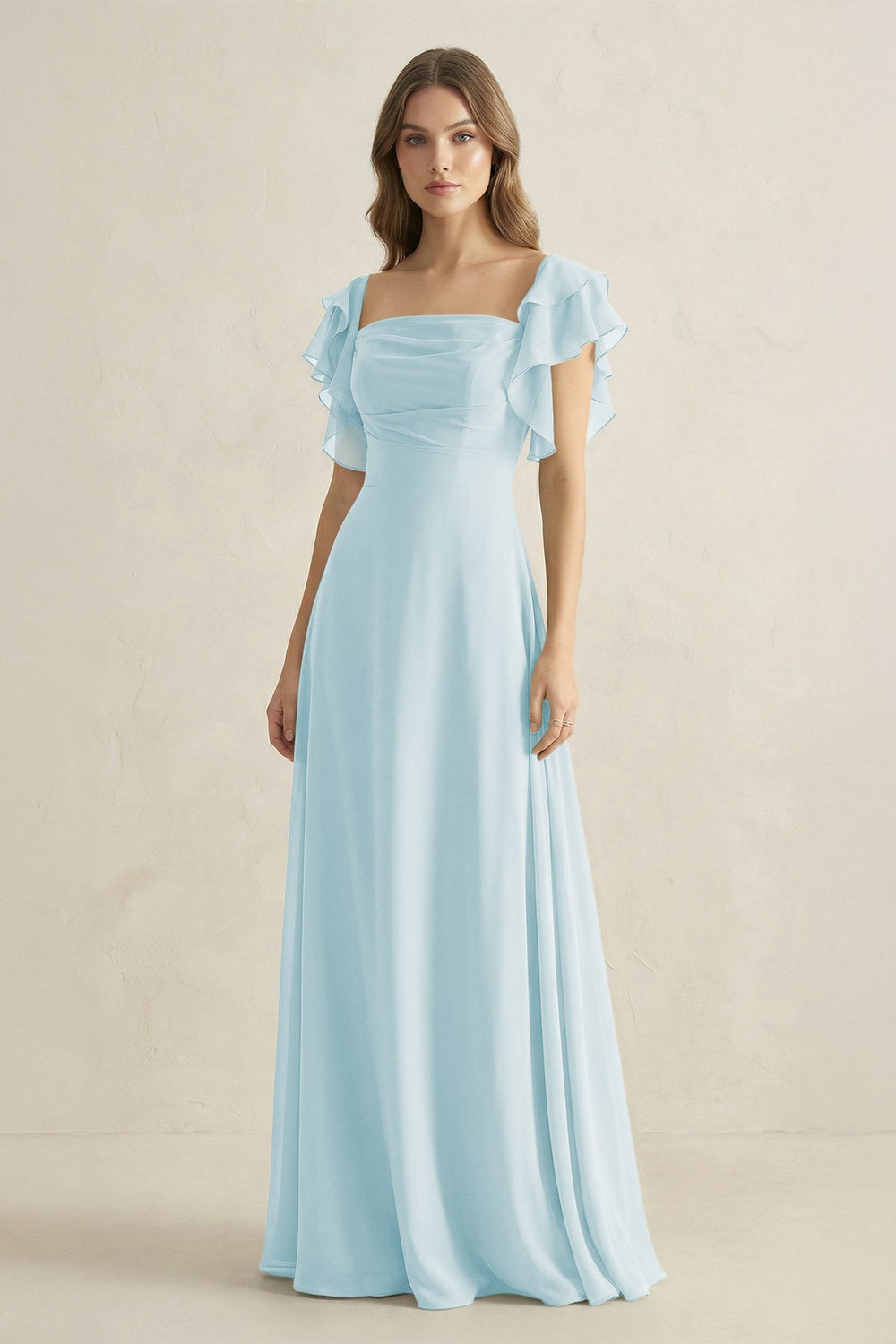 Ruffled Sleeves A-Line Chiffon Bridesmaid Dress in Sky Blue - KISS BRIDAL BRIDESMAID DRESSES