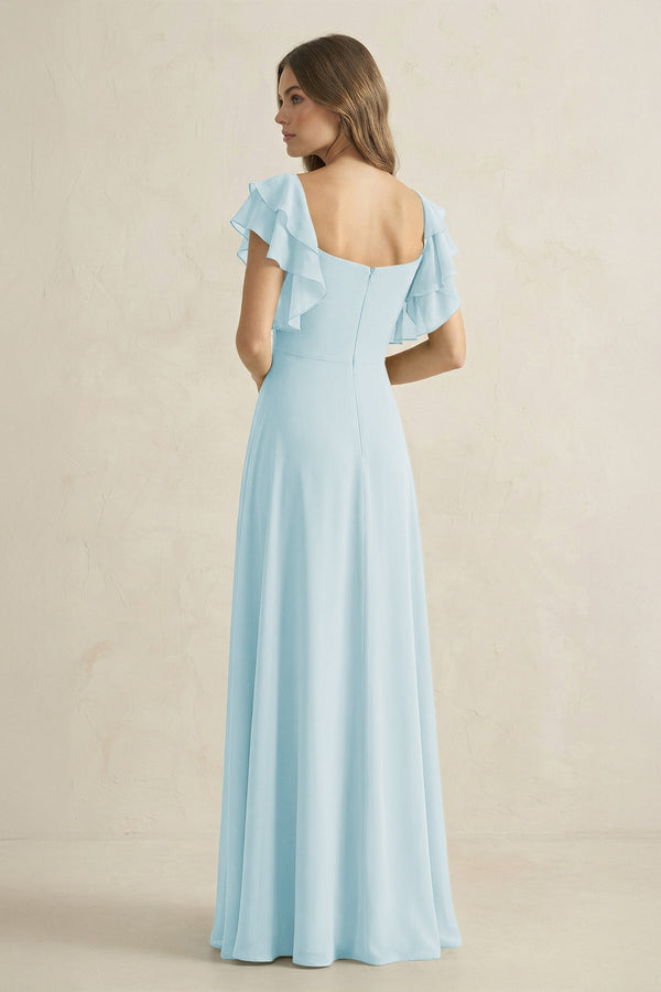 Ruffled Sleeves A-Line Chiffon Bridesmaid Dress in Sky Blue - SHE IS ME BRIDESMAID DRESSES