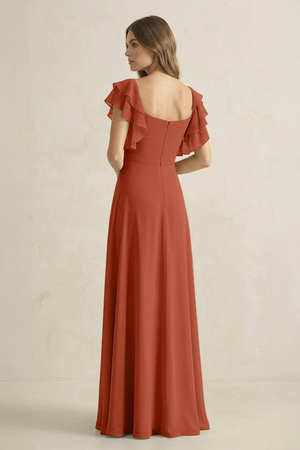 Ruffled Sleeves A-Line Chiffon Bridesmaid Dress in Spice - SHE IS ME BRIDESMAID DRESSES