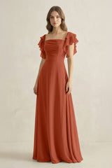 Ruffled Sleeves A-Line Chiffon Bridesmaid Dress in Spice - KISS BRIDAL BRIDESMAID DRESSES