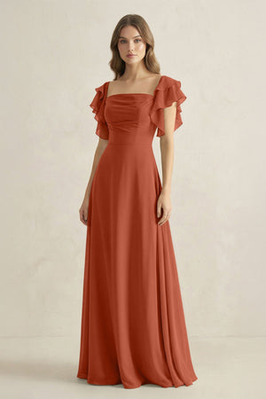 Ruffled Sleeves A-Line Chiffon Bridesmaid Dress in Spice - SHE IS ME BRIDESMAID DRESSES