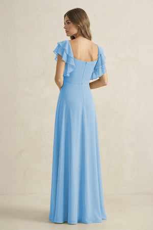 Ruffled Sleeves A-Line Chiffon Bridesmaid Dress in Steel Blue - SHE IS ME BRIDESMAID DRESSES