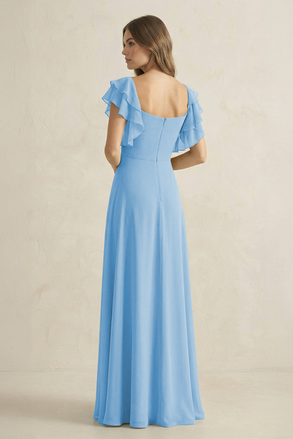 Ruffled Sleeves A-Line Chiffon Bridesmaid Dress in Steel Blue - SHE IS ME BRIDESMAID DRESSES