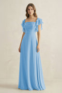 Ruffled Sleeves A-Line Chiffon Bridesmaid Dress in Steel Blue - SHE IS ME BRIDESMAID DRESSES
