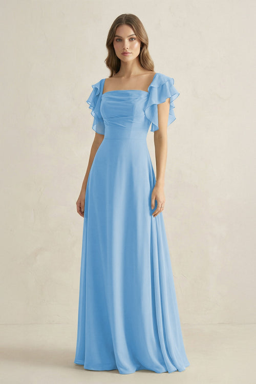 Ruffled Sleeves A-Line Chiffon Bridesmaid Dress in Steel Blue - SHE IS ME BRIDESMAID DRESSES