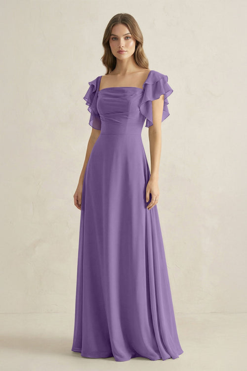 Ruffled Sleeves A-Line Chiffon Bridesmaid Dress in Tahiti - SHE IS ME BRIDESMAID DRESSES