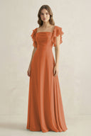 Ruffled Sleeves A-Line Chiffon Bridesmaid Dress in Terracotta - SHE IS ME BRIDESMAID DRESSES