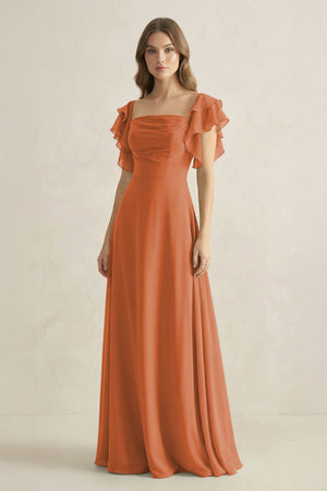Ruffled Sleeves A-Line Chiffon Bridesmaid Dress in Terracotta - SHE IS ME BRIDESMAID DRESSES