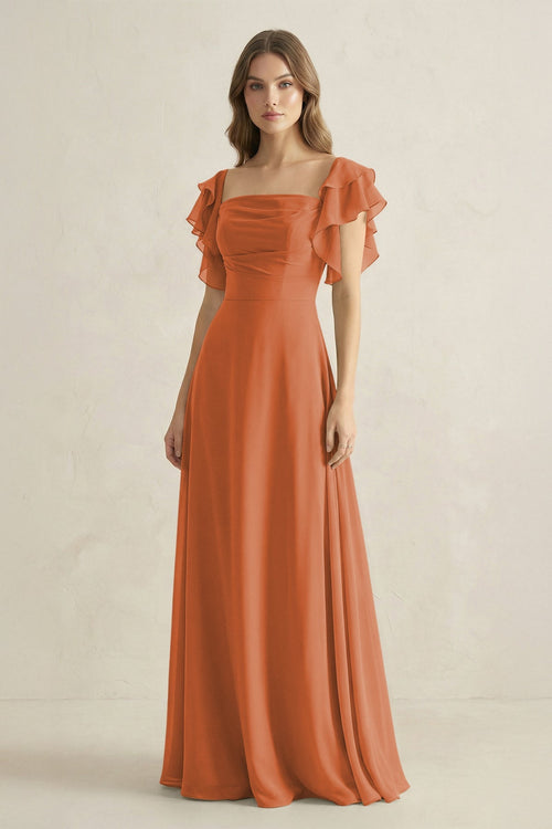 Ruffled Sleeves A-Line Chiffon Bridesmaid Dress in Terracotta - SHE IS ME BRIDESMAID DRESSES