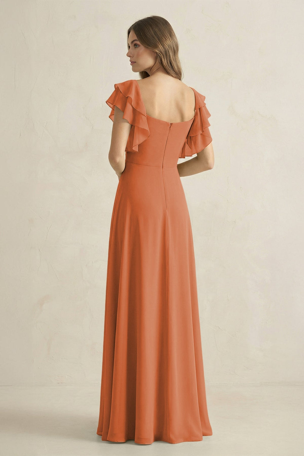 Ruffled Sleeves A-Line Chiffon Bridesmaid Dress in Terracotta - KISS BRIDAL BRIDESMAID DRESSES
