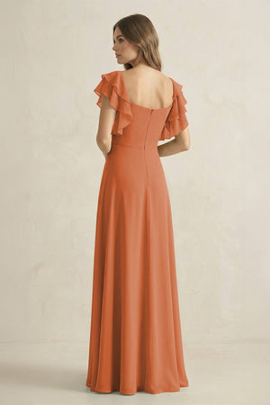 Ruffled Sleeves A-Line Chiffon Bridesmaid Dress in Terracotta - SHE IS ME BRIDESMAID DRESSES