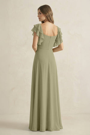 Ruffled Sleeves A-Line Chiffon Bridesmaid Dress in Thyme - SHE IS ME BRIDESMAID DRESSES