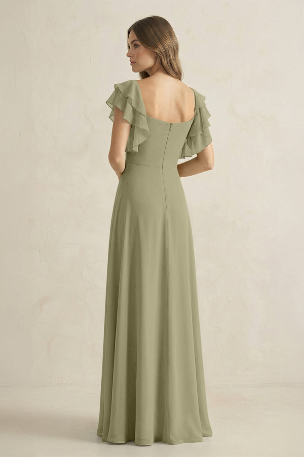 Ruffled Sleeves A-Line Chiffon Bridesmaid Dress in Thyme - SHE IS ME BRIDESMAID DRESSES
