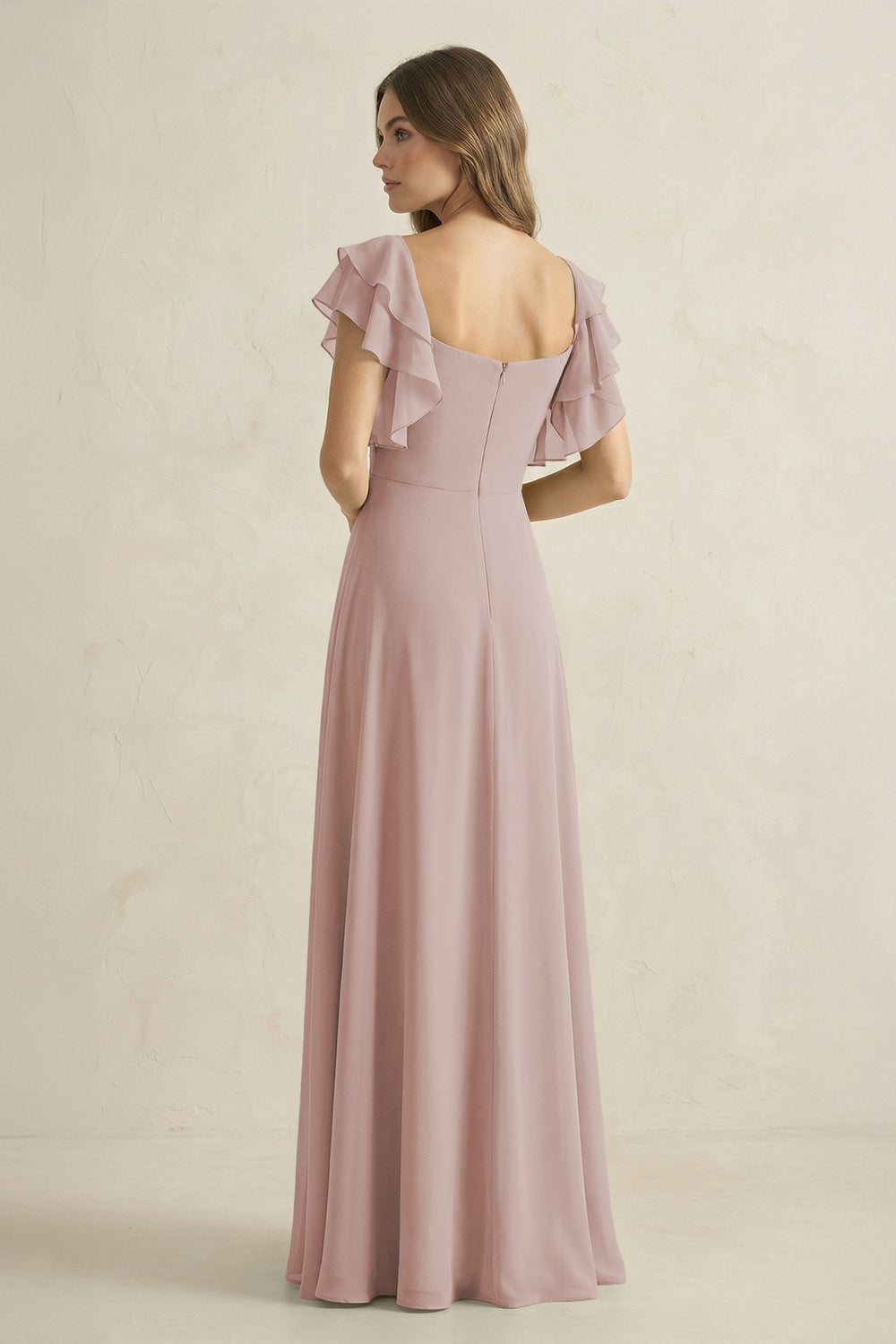 Ruffled Sleeves A-Line Chiffon Bridesmaid Dress in Toffee