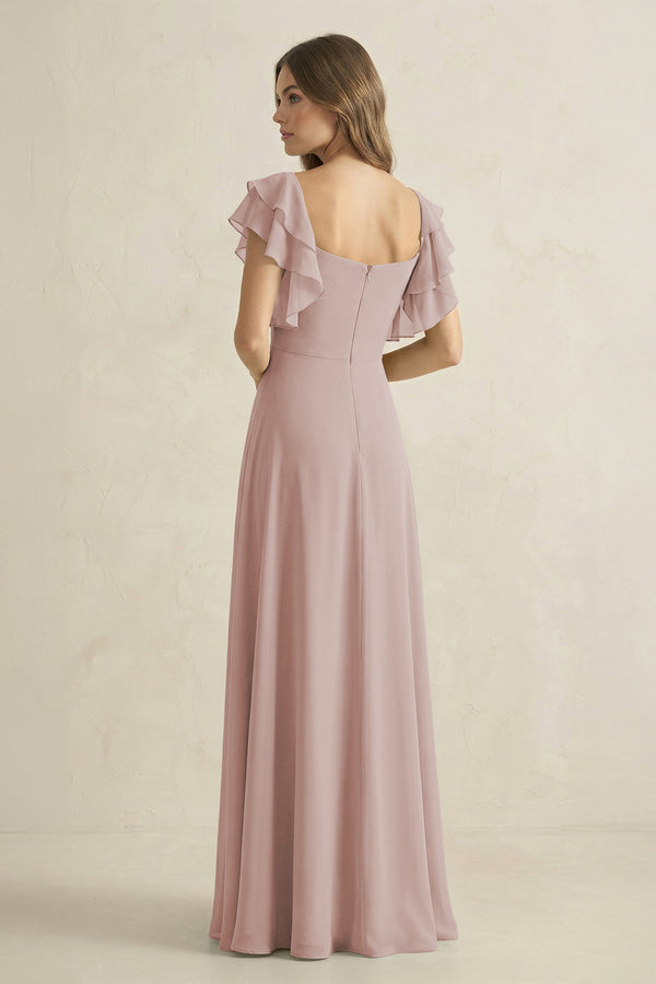 Ruffled Sleeves A-Line Chiffon Bridesmaid Dress in Toffee (2) | KISSBRIDAL
