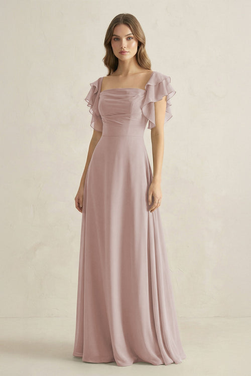 Ruffled Sleeves A-Line Chiffon Bridesmaid Dress in Toffee - SHE IS ME BRIDESMAID DRESSES