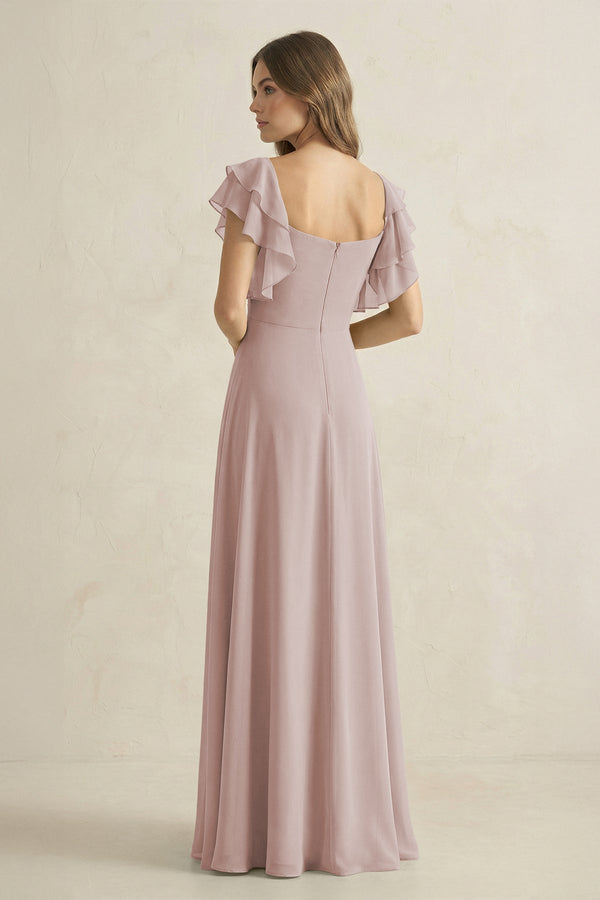 Ruffled Sleeves A-Line Chiffon Bridesmaid Dress in Toffee - SHE IS ME BRIDESMAID DRESSES