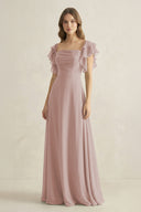 Ruffled Sleeves A-Line Chiffon Bridesmaid Dress in Toffee | KISSBRIDAL