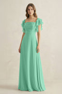 Ruffled Sleeves A-Line Chiffon Bridesmaid Dress in Turquoise - SHE IS ME BRIDESMAID DRESSES