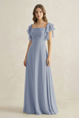 Ruffled Sleeves A-Line Chiffon Bridesmaid Dress in Twilight - KISS BRIDAL BRIDESMAID DRESSES