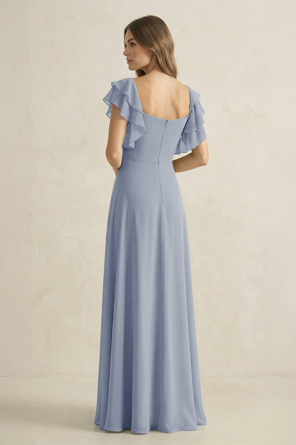 Ruffled Sleeves A-Line Chiffon Bridesmaid Dress in Twilight - KISS BRIDAL BRIDESMAID DRESSES