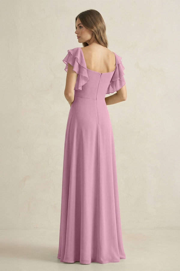 Ruffled Sleeves A-Line Chiffon Bridesmaid Dress in Vintage Mauve - SHE IS ME BRIDESMAID DRESSES