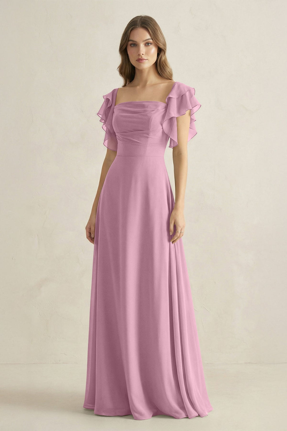 Ruffled Sleeves A-Line Chiffon Bridesmaid Dress in Vintage Mauve - KISS BRIDAL BRIDESMAID DRESSES