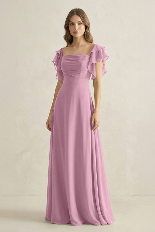 Ruffled Sleeves A-Line Chiffon Bridesmaid Dress in Vintage Mauve - SHE IS ME BRIDESMAID DRESSES