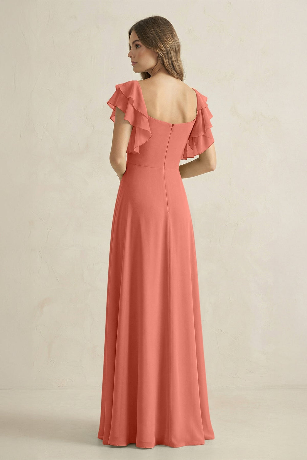 Ruffled Sleeves A-Line Chiffon Bridesmaid Dress in Wild Rose - KISS BRIDAL BRIDESMAID DRESSES