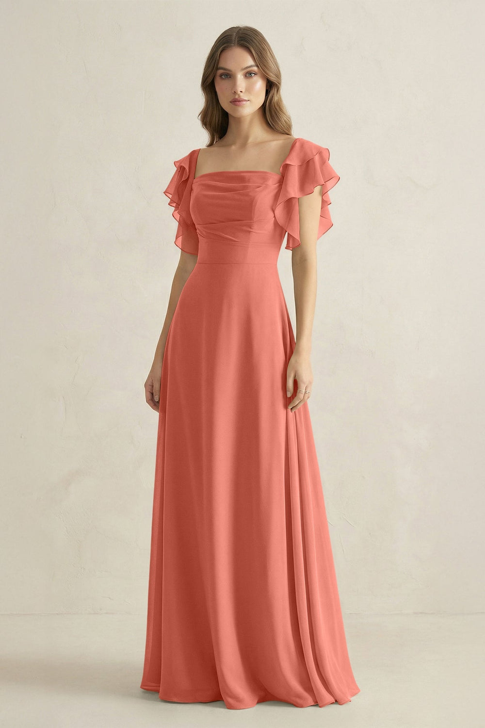 Ruffled Sleeves A-Line Chiffon Bridesmaid Dress in Wild Rose - KISS BRIDAL BRIDESMAID DRESSES