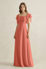 Ruffled Sleeves A-Line Chiffon Bridesmaid Dress in Wild Rose - KISS BRIDAL BRIDESMAID DRESSES