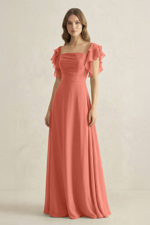 Ruffled Sleeves A-Line Chiffon Bridesmaid Dress in Wild Rose - SHE IS ME BRIDESMAID DRESSES