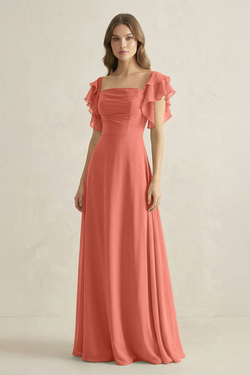 Ruffled Sleeves A-Line Chiffon Bridesmaid Dress in Wild Rose - SHE IS ME BRIDESMAID DRESSES