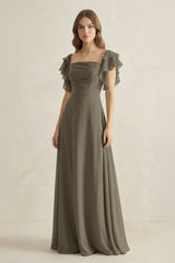 Ruffled Sleeves A-Line Chiffon Bridesmaid Dress in Willow Green - KISS BRIDAL BRIDESMAID DRESSES