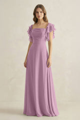 Ruffled Sleeves A-Line Chiffon Bridesmaid Dress in Wisteria - KISS BRIDAL BRIDESMAID DRESSES