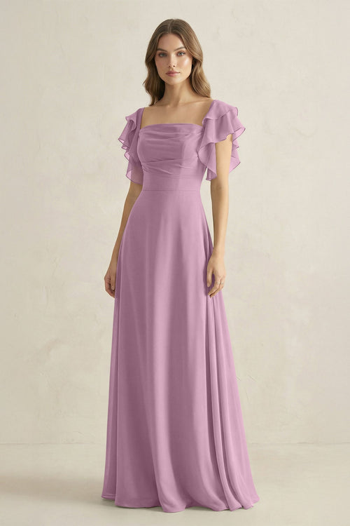 Ruffled Sleeves A-Line Chiffon Bridesmaid Dress in Wisteria - SHE IS ME BRIDESMAID DRESSES