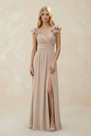 Ruffled Sleeves A - Line Chiffon Sweetheart Bridesmaid Dress in Almond - KISS BRIDAL Bridesmaid Dresses