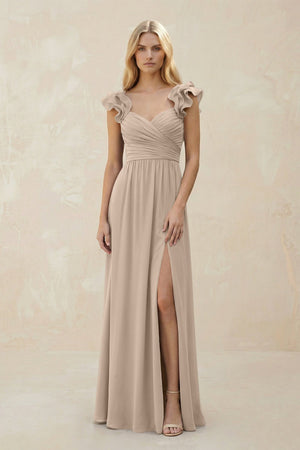 Ruffled Sleeves A - Line Chiffon Sweetheart Bridesmaid Dress in Almond - KISS BRIDAL Bridesmaid Dresses