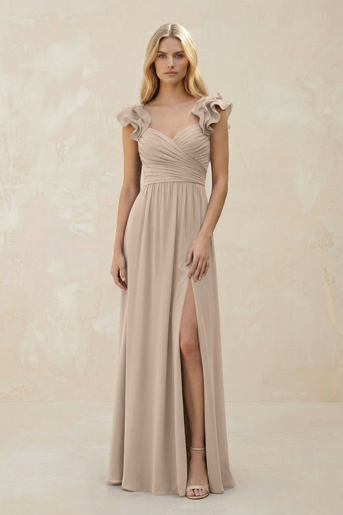 Ruffled Sleeves A - Line Chiffon Sweetheart Bridesmaid Dress in Almond - KISS BRIDAL Bridesmaid Dresses